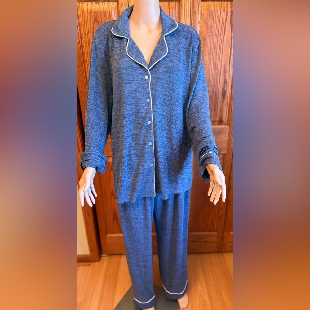 Ekouaer 2XL NWT Blue Button Down Pajama Set Long Sleeve - Picture 2 of 16